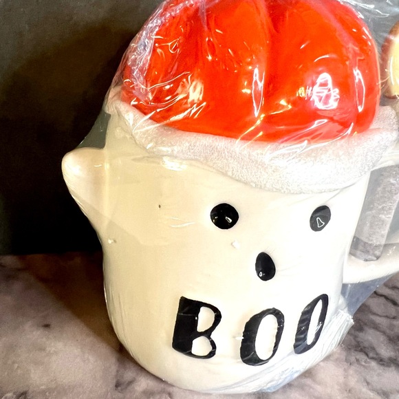 Halloween Ceramic Boo Ghost Mug with Pumpkin Topper Lid + Witch Broom Spoon - Picture 8 of 8
